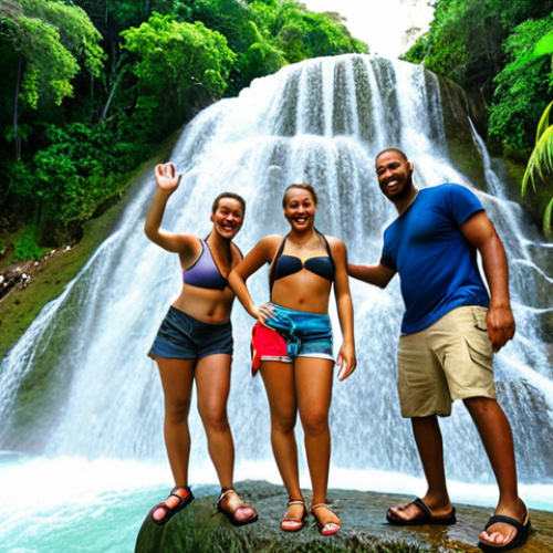 Home 4 **Dunn's River Falls adventure:** A group of friends joyfully climbing the cascading Dunn's River Falls in Jamaica, water shoes on, with lush green foliage surrounding them and a panoramic view from the top.