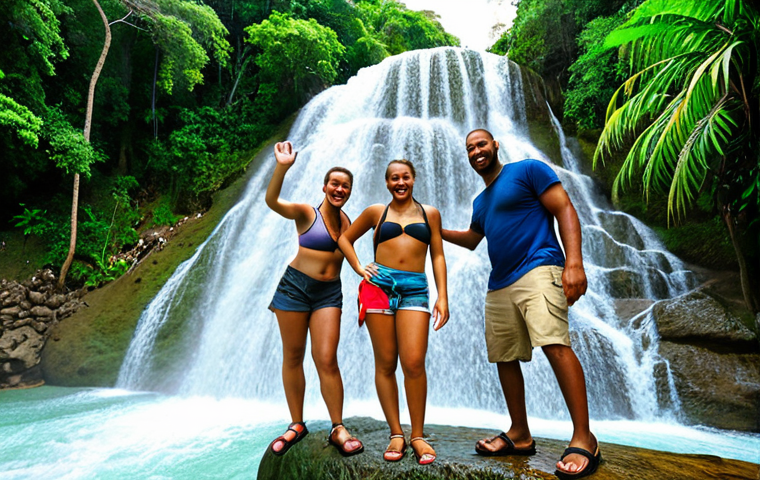 **Dunn's River Falls adventure:** A group of friends joyfully climbing the cascading Dunn's River Falls in Jamaica, water shoes on, with lush green foliage surrounding them and a panoramic view from the top.